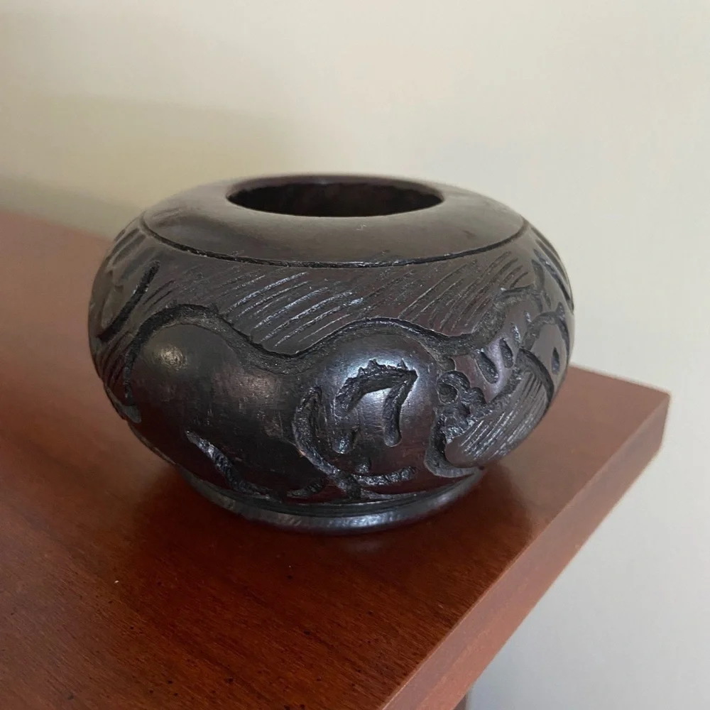 🩷 African Hardwood Ebony Small Carved Wood Bowl Elephant Rhino Giraffe Animals